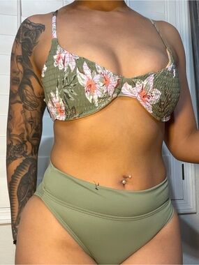 Women’s Olive Green Floral Underwire Bikini Top & High-Waist Bottom Set